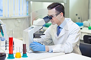 Scientist carries out scientific research looking through microscope in a medical laboratory. COVID-19. COVID