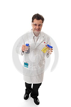 Scientist carrying lab bottles
