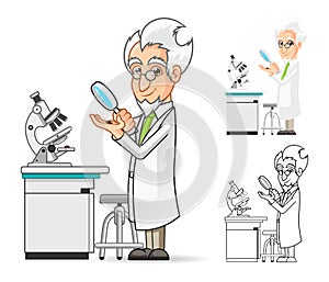 Scientist Cartoon Character Holding a Magnifying Glass with Microscope in The Background