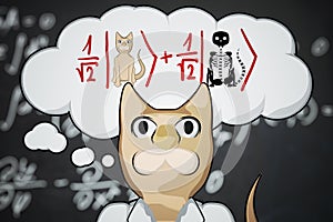 Scientist cat is thinking about Schroedinger cat experiment. Cat is dead and alive. Qunatum physics concept