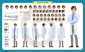 Scientist character creation set. Man working in science laboratory at experiments. Full length, different views, emotions