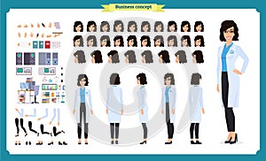 Scientist character creation set. Woman works in science laboratory at experiments. Full length, different views,