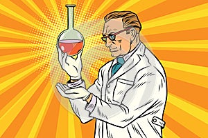 Scientist chemist analyzes laboratory flask