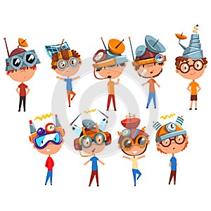 Scientist children working on physics science experiment set, boy in fantastic headdress with antennas vector