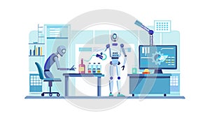 Scientist collaborating with a robot in a modern lab. vector design Generative AI