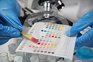 Scientist compares indicator paper strip with color palette
