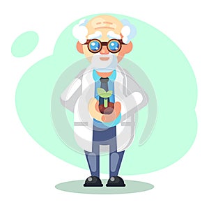 Scientist is conducting a scientific experiment. Biology concept. Growing plants. Funny flat character. Cartoon vector