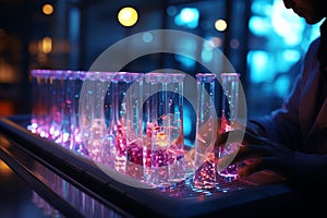 A scientist conducts research with a row of glowing, colorful test tubes in a dark laboratory setting, representing innovation in