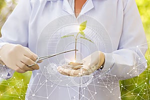 Scientist conducts tests of biotechnology .