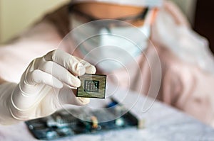Scientist develops microchip and checking electronic circuit photo