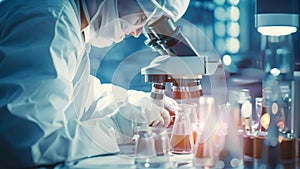 A scientist diligently studies specimens using a microscope in a laboratory setting, scientist working with microscope in