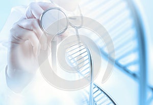 Scientist doctor hand holds virtual molecular