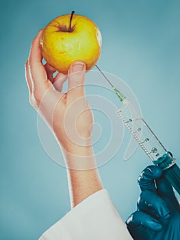 Scientist doctor injecting apple. GM Food.