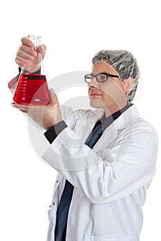 Scientist with erlenmeyer flask