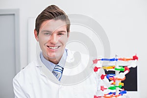 Scientist examining dna model and smiling at camera
