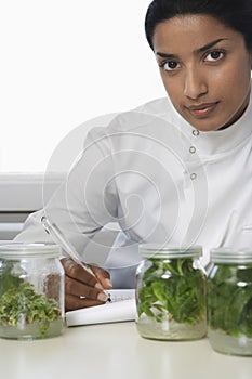 Scientist Examining Plant Material While Recording Observations