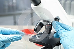 Scientist examining sample of red liquid on slide under microscope in laboratory, closeup