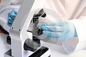 Scientist examining sample on slide under microscope at table, closeup
