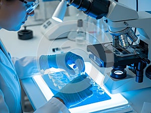 Scientist examining sample under microscope isolated on white background