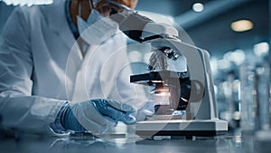 Scientist Examining Sample Under Microscope in Lab