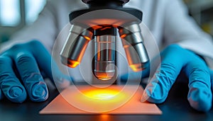 Scientist examining a sample under a microscope in a laboratory setting