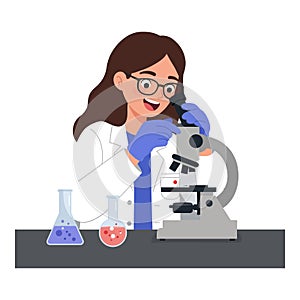 Scientist examining samples with microscope in flat style vector art illustration