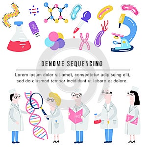 Scientist exploring DNA structure. Hand drawn genome sequencing concept made in vector. Human genome project