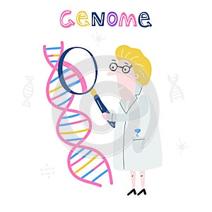 Scientist exploring DNA structure. Hand drawn genome sequencing concept made in vector. Human genome project