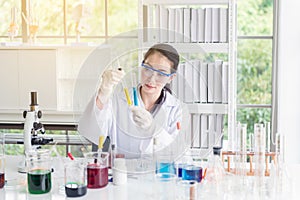Scientist female working putting medical chemicals sample in test tube at laboratory