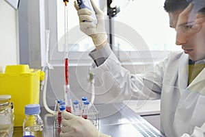 Scientist Filling Test Tube With Hitech Pipette