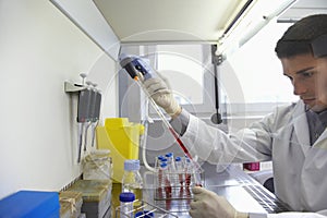 Scientist Filling Test Tube With Hitech Pipette