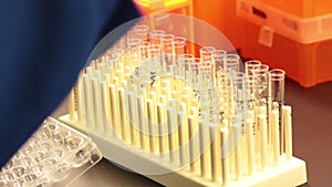 Scientist Filling Test Tubes in Lab