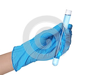 Scientist in gloves holding test tube with light blue liquid on white background, closeup