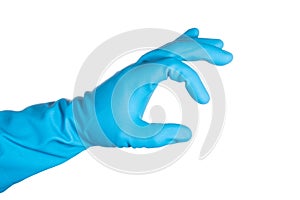 Scientist hand in blue glove isolated on white background