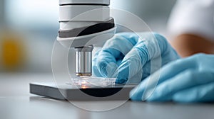 Scientist hand in blue glove using microscope examining samples