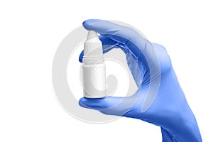 Scientist hand with gloves holding eye dropper bottle isolate mock up is on white background with clipping path