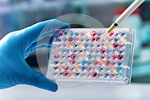 Scientist hand holding microplate for biomedical research photo