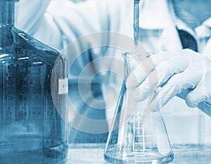 Scientist hand titration with burette and erlenmeyer flask, science laboratory research and development concept