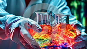 Scientist hands Holding flasks with fluids tinted with florescence in the laboratory. Generative Ai photo