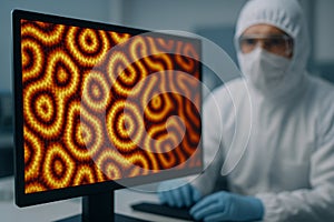 Scientist in a hazmat suit analyzing a complex biological Turing pattern on screen