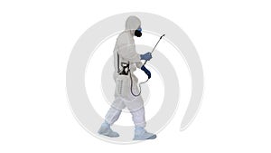 Scientist in hazmat suit walking and disinfecting against biohaz