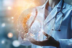 Scientist holding DNA model with digital interface overlay, modern lab background