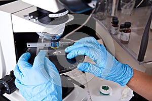 Scientist holding frosted glass microscope slides