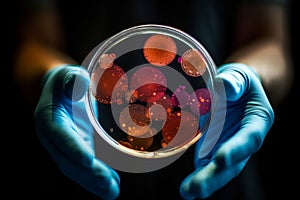 A scientist holding a Petri Dish with Virus and bacteria cells AI generated