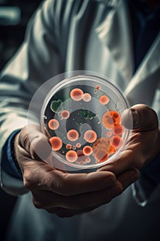 A scientist holding a Petri Dish with Virus and bacteria cells AI generated