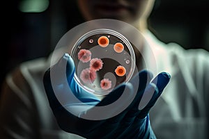 A scientist holding a Petri Dish with Virus and bacteria cells AI generated