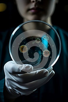 A scientist holding a Petri Dish with Virus and bacteria cells AI generated