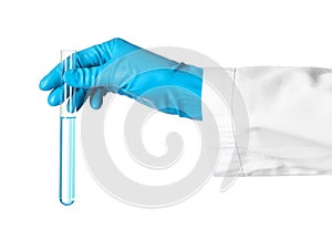 Scientist holding test tube with liquid on white background.