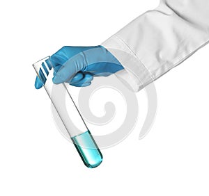 Scientist holding test tube with liquid on white background.