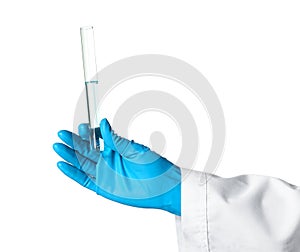Scientist holding test tube with liquid on white background.